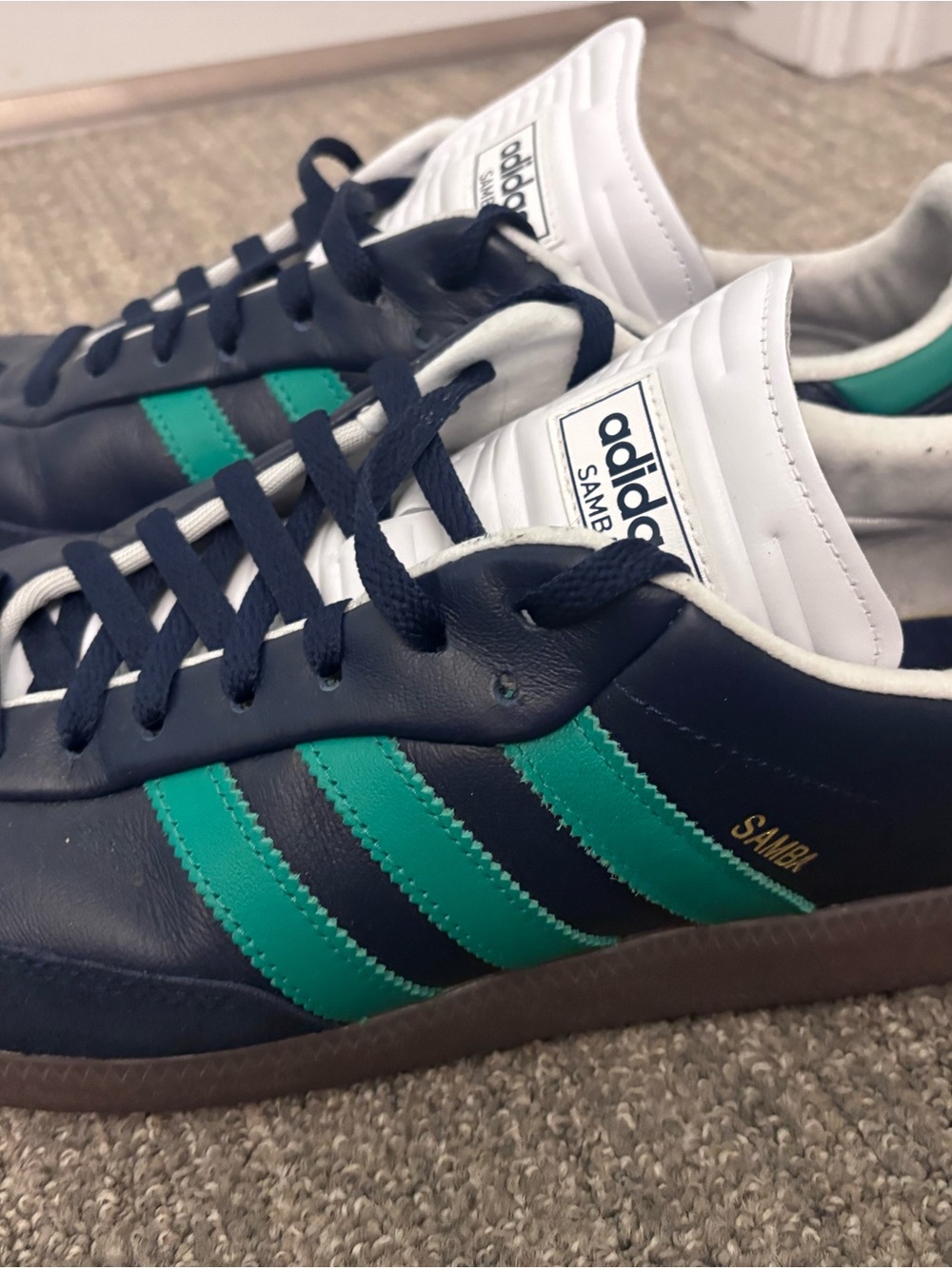adidas Samba Sneakers in Navy and Teal with Brown Gum Sole